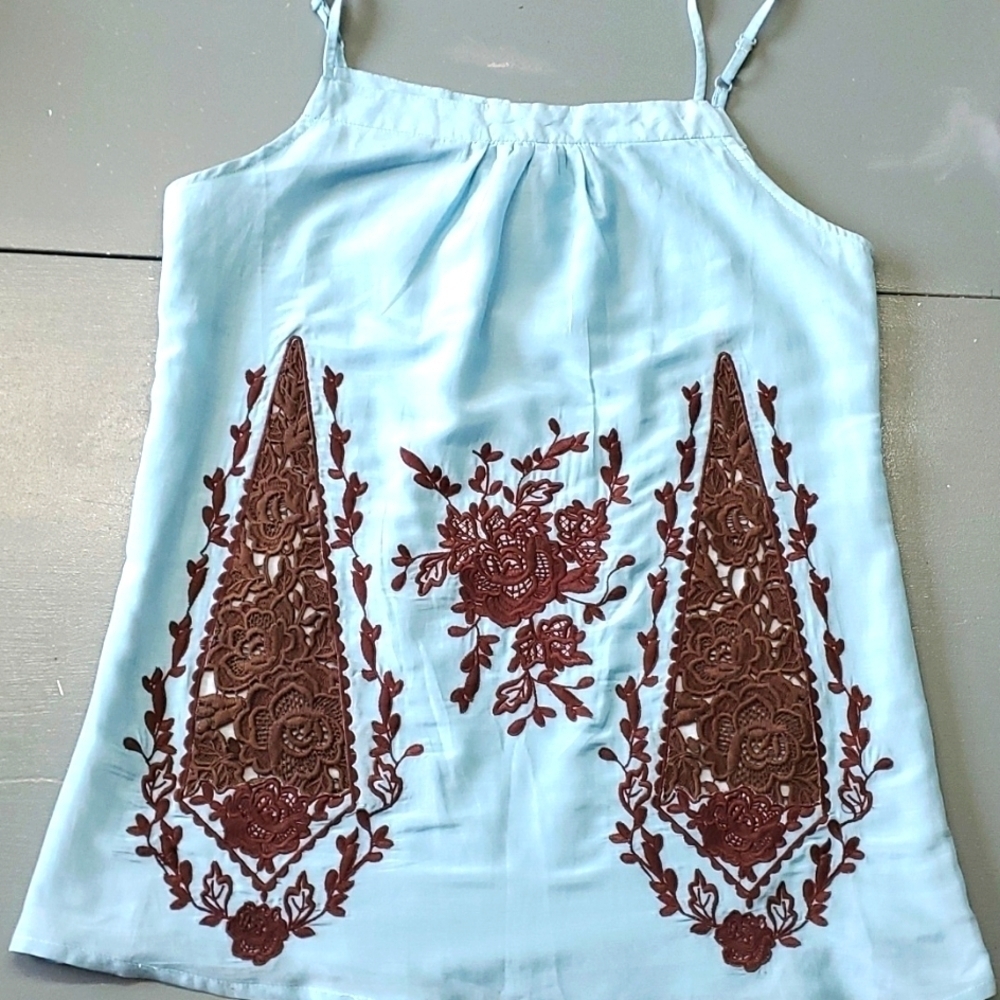 Blue Tassel collection silk Blend ‎ top. Blue with Black enbroidery. Size XS.